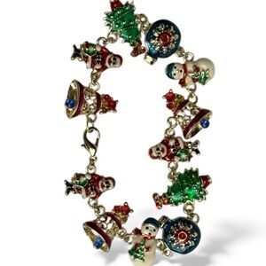 (SOLD) Christopher Radko Multicolor Festive Christmas Charm Bracelet Gold Enamel